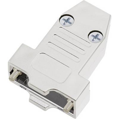 Een zilveren DE-9-stekker met bevestigingsschroeven, gebruikt voor het aansluiten van elektronische apparaten.