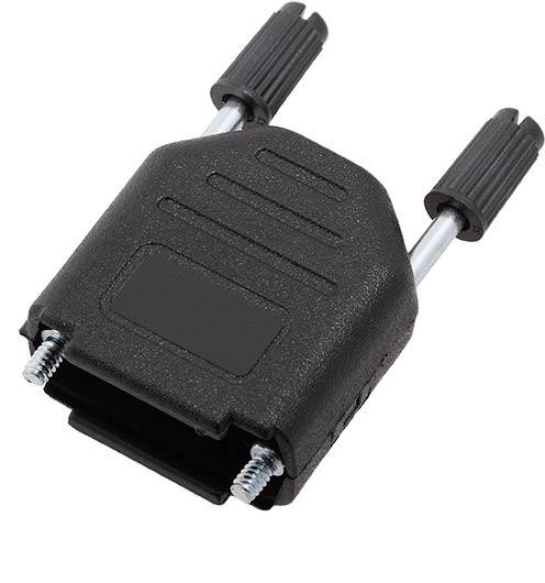 Zwarte, rechthoekige LFGB-stekker met twee lange schroeven voor het verbinden van elektrische apparaten.