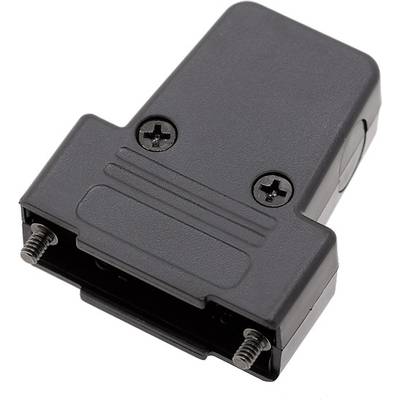 Zwarte, rechthoekige kunststof afdekking met twee schroeven erop, waarschijnlijk een behuizing of adapter.