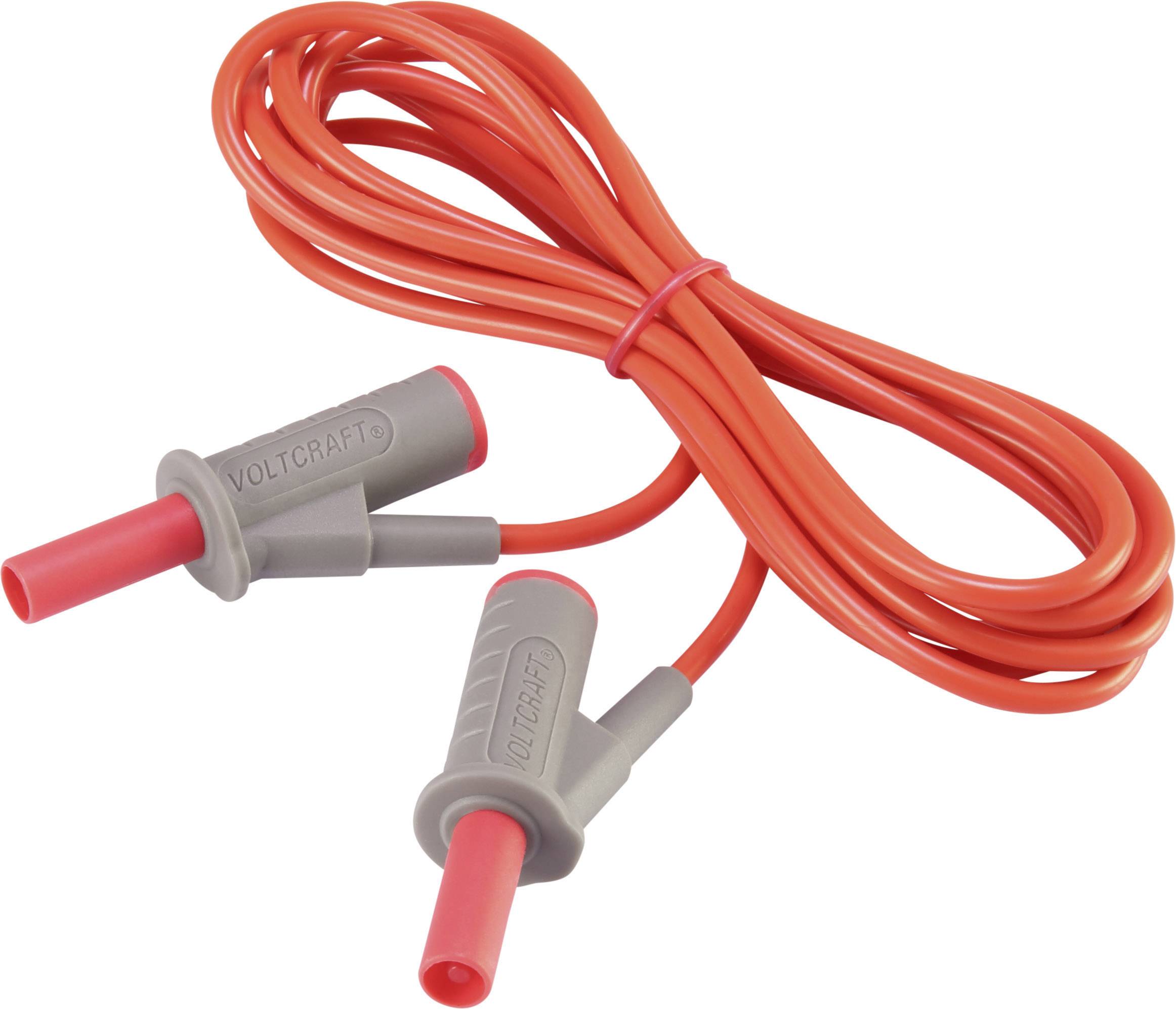 Rood meetkabel van Voltcraft met twee grijze aansluitingen, getoond op een witte achtergrond.