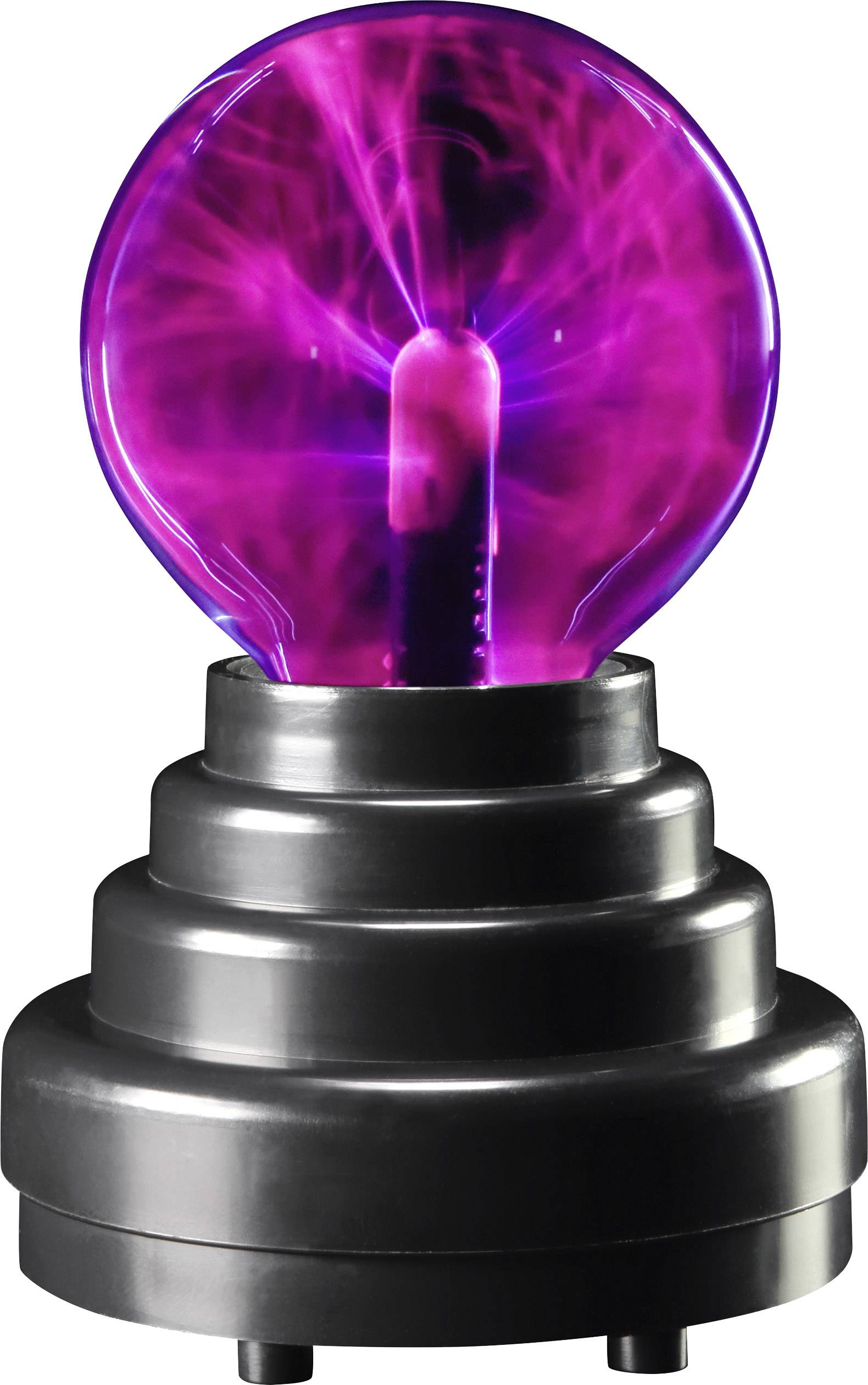 Een plasmabol met roze en paarse ontladingen in een transparant glas, op een zwarte voet.