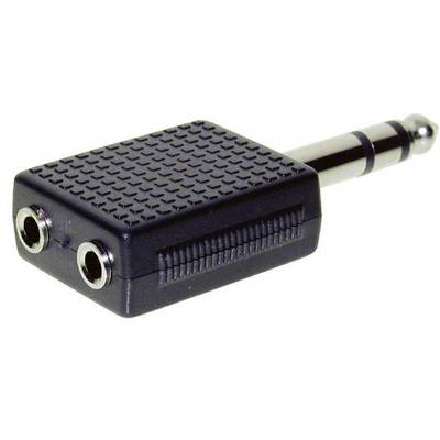 Zwarte audio-adapter met 6,3 mm stekker en twee 3,5 mm aansluitingen, maakt het mogelijk twee hoofdtelefoons op één apparaat aan te sluiten.