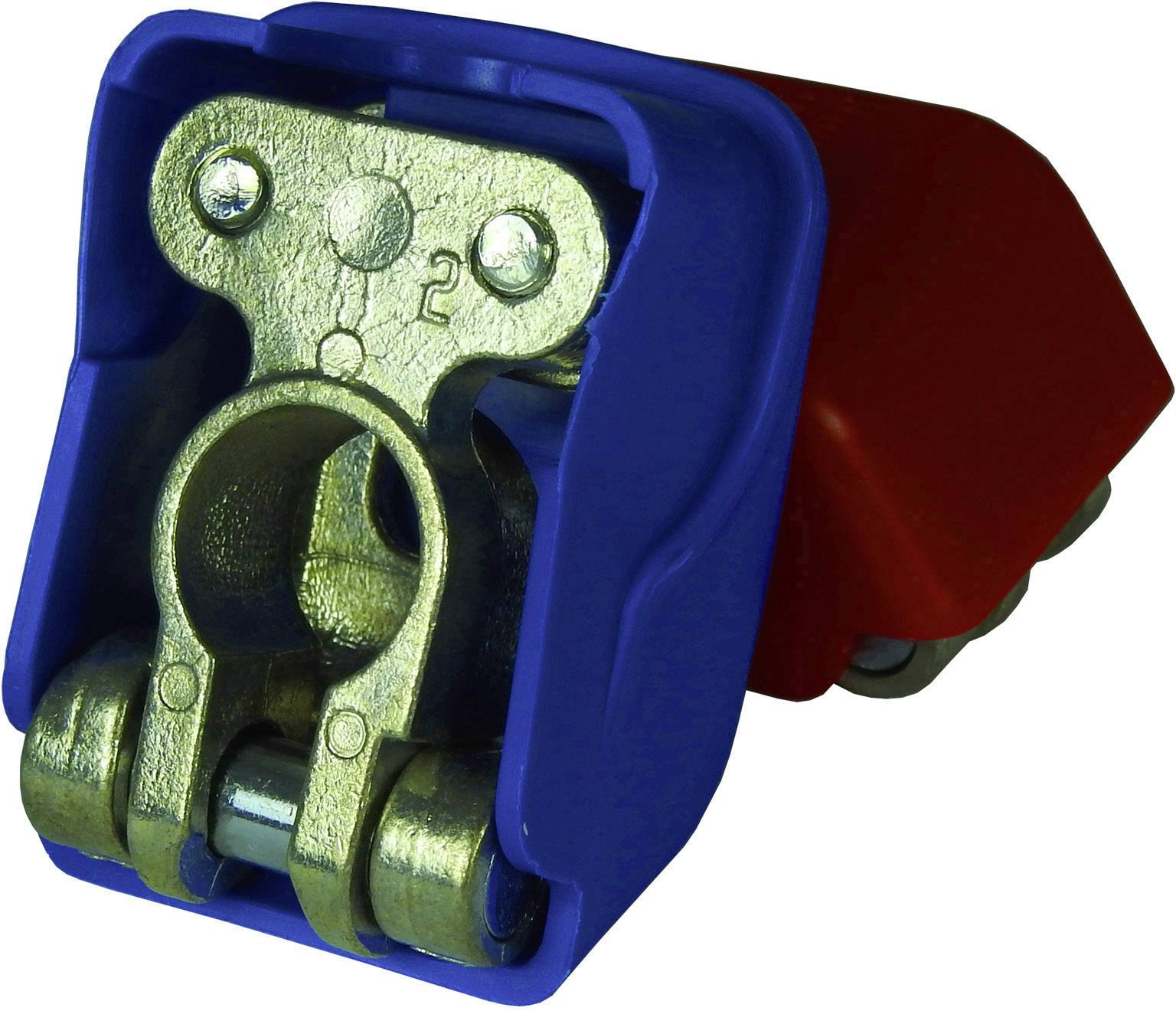 Elektrische aansluitklem met blauwe en rode isolatie. Gebruikt om elektrische verbindingen veilig tot stand te brengen.