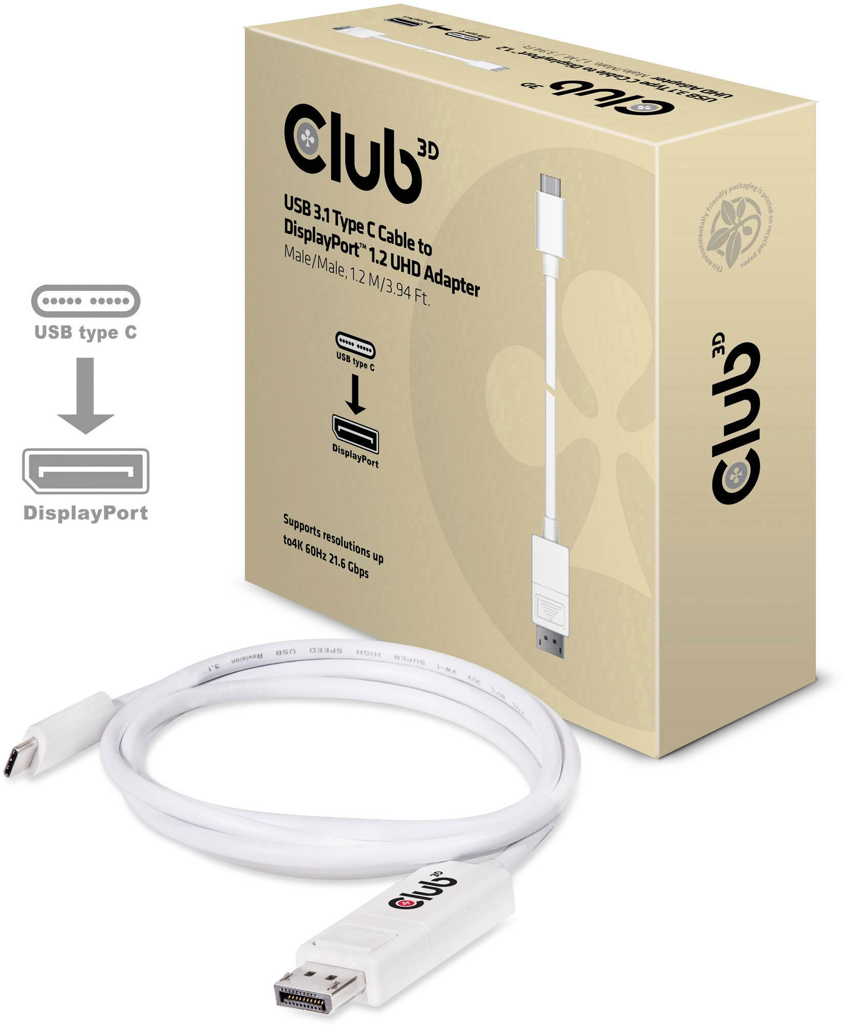 USB-C naar DisplayPort-kabel "Club 3D" met een lengte van 1,2 meter, geschikt voor UHD-resolutie, met wit kabel en adapter in verpakking.