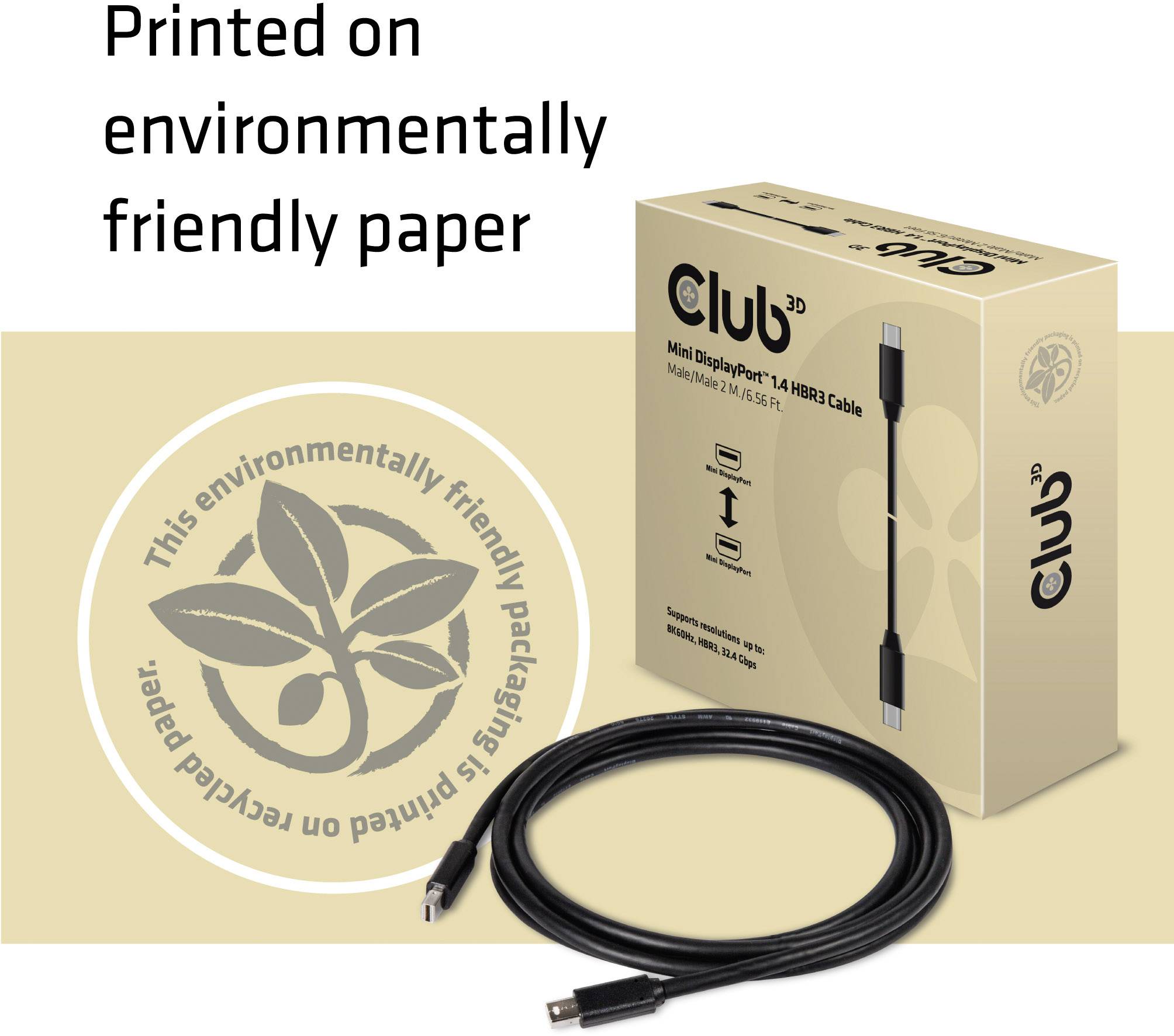 Verpakking en kabel 'Club 3D Mini DisplayPort 1.4' gedrukt op milieuvriendelijk papier. Duurzaam design met recycling-logo.