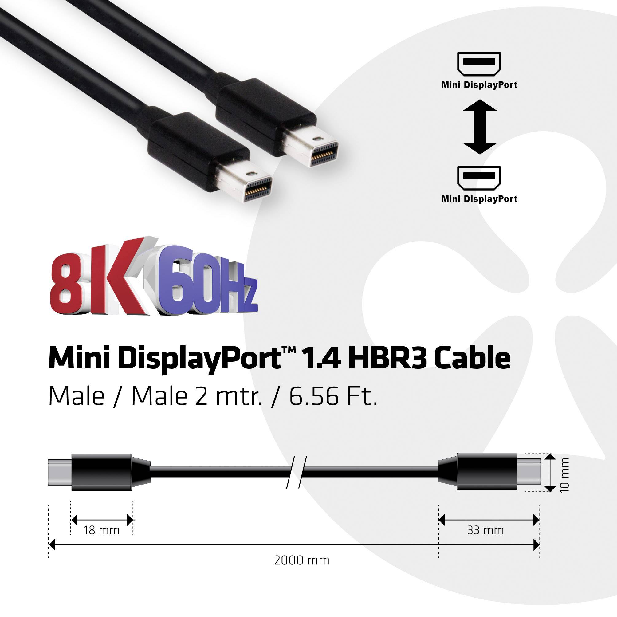 8K 60Hz Mini DisplayPort 1.4 HBR3 Kabel. Mannelijk/Mannelijk, 2 meter lang (6,56 voet). Afbeelding van de kabel met uiteinden.