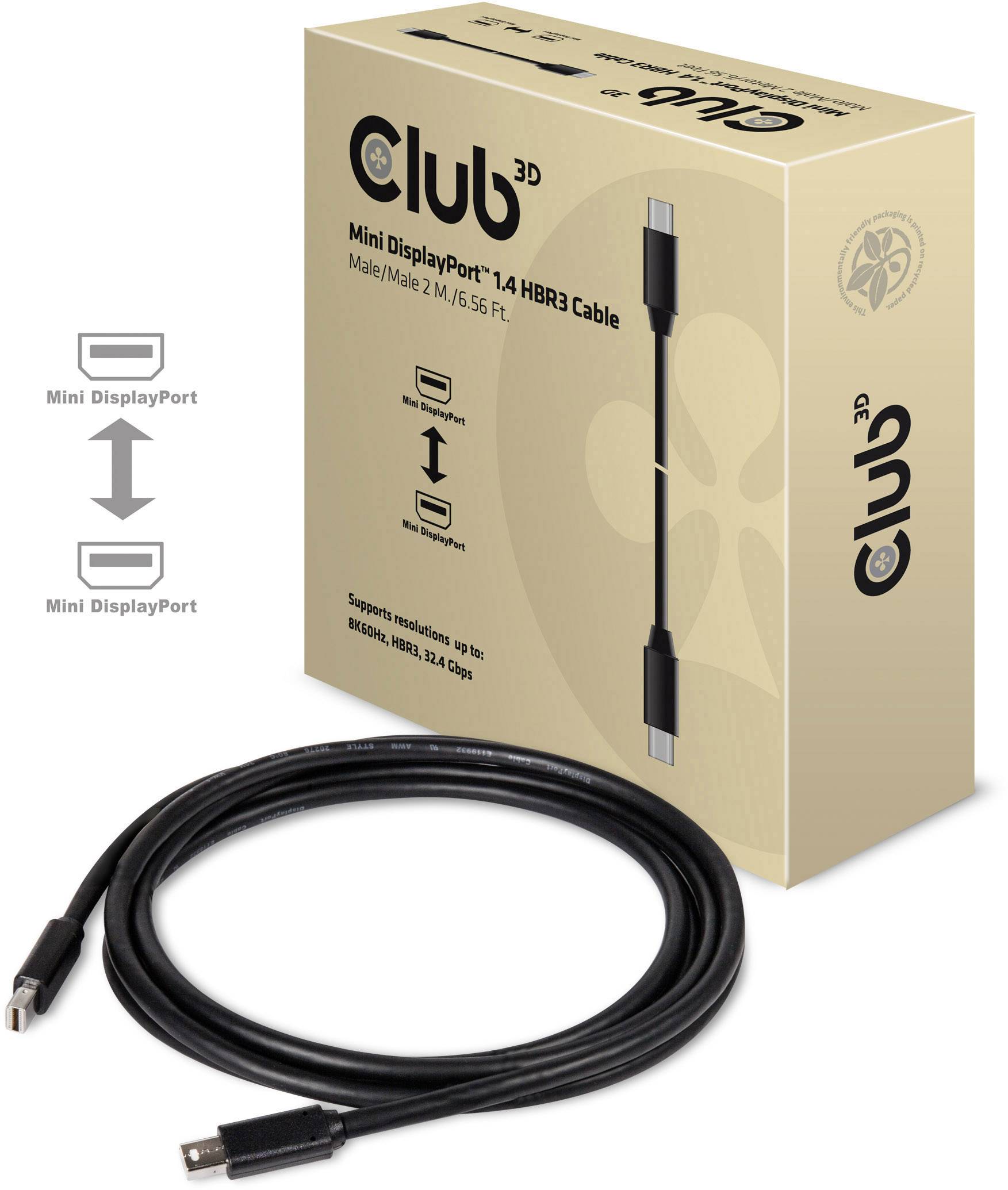 'Club 3D Mini DisplayPort 1.4 HBR3 Kabel' Afbeelding toont een zwarte kabel, ongeveer 2 meter lang, met Mini DisplayPort-aansluitingen.