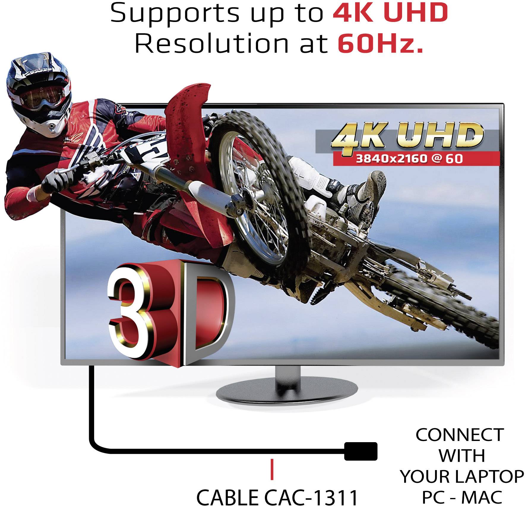 Een motorrijder springt in de lucht op een scherm dat 4K UHD-resolutie bij 60 Hz weergeeft. Tekst: 'Ondersteunt tot 4K UHD-resolutie bij 60 Hz'.