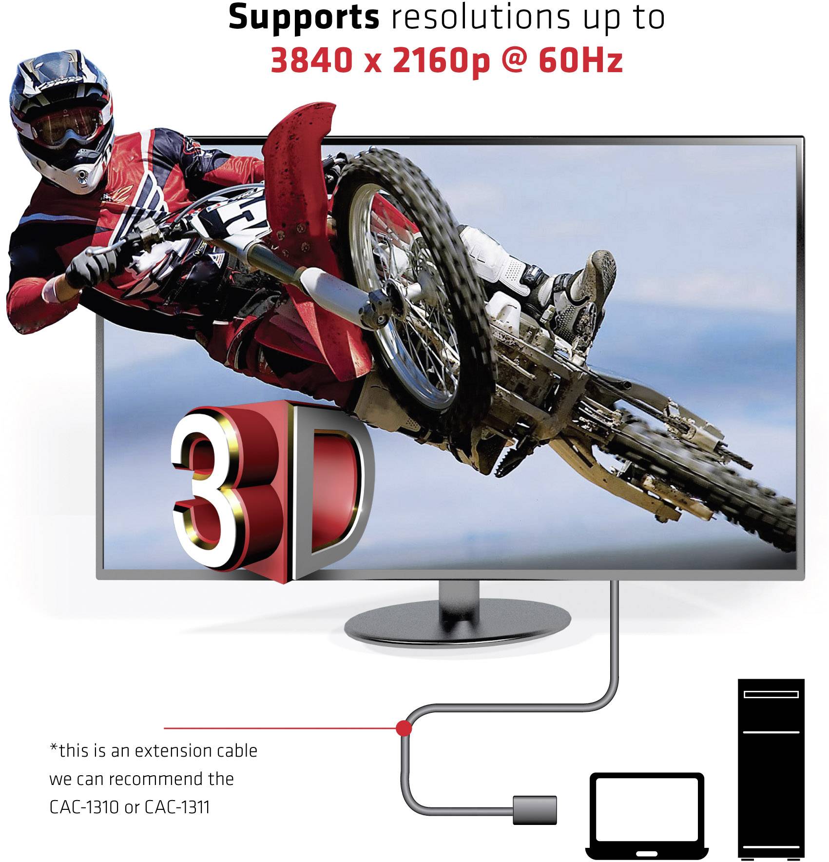 Een motorrijder in actie springt uit een scherm. Tekst: 'Ondersteunt resoluties tot 3840 x 2160p @ 60Hz.' Aansluitingsdiagram toont kabel naar monitor.