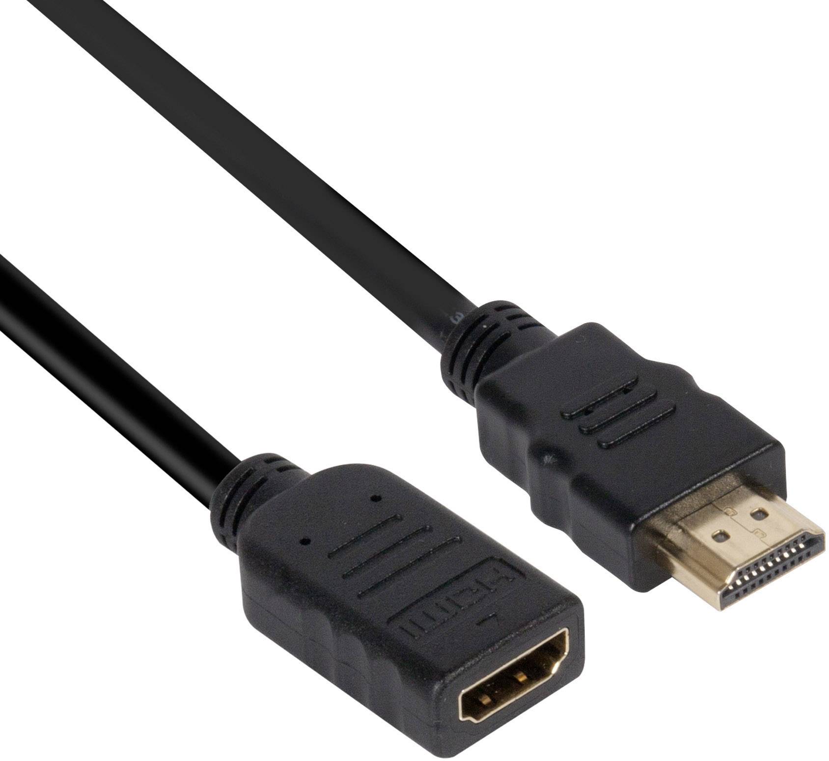 Een HDMI-kabel met een stekker en een bus. De kabel draagt audio- en videosignalen over tussen apparaten.
