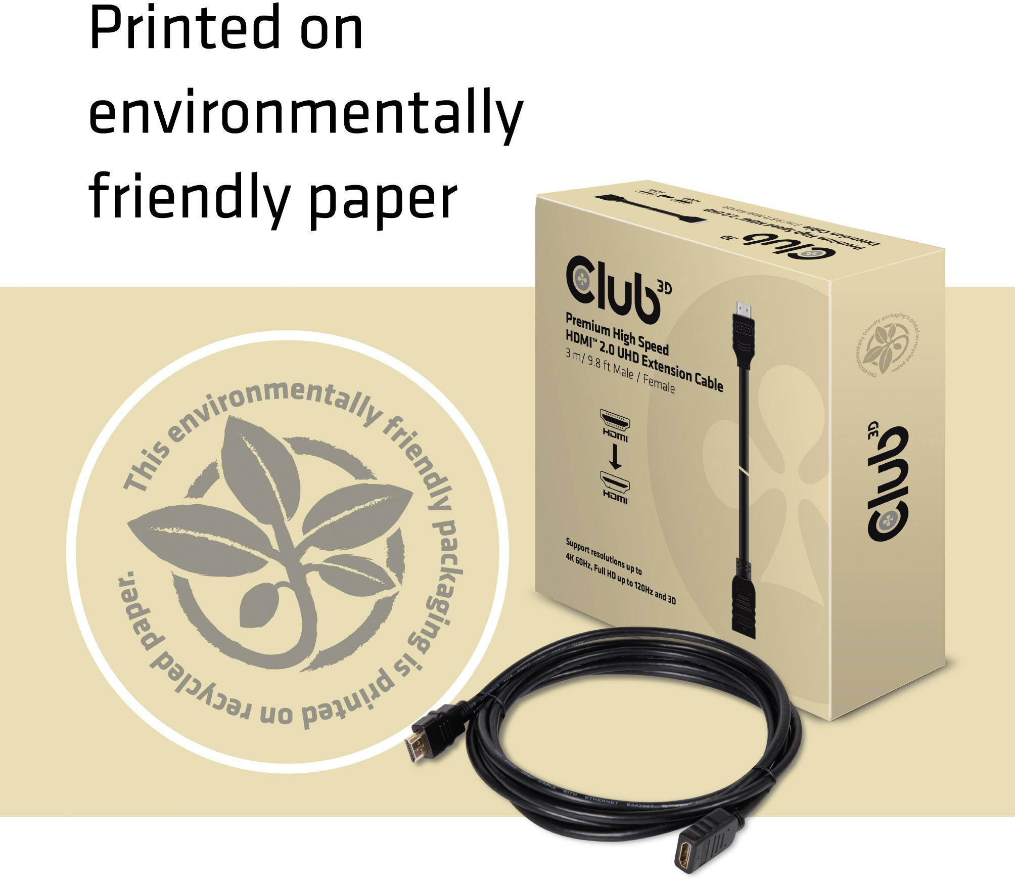 De afbeelding toont een verpakking voor een HDMI-hoogsnelheidskabel, gedrukt op milieuvriendelijk papier.