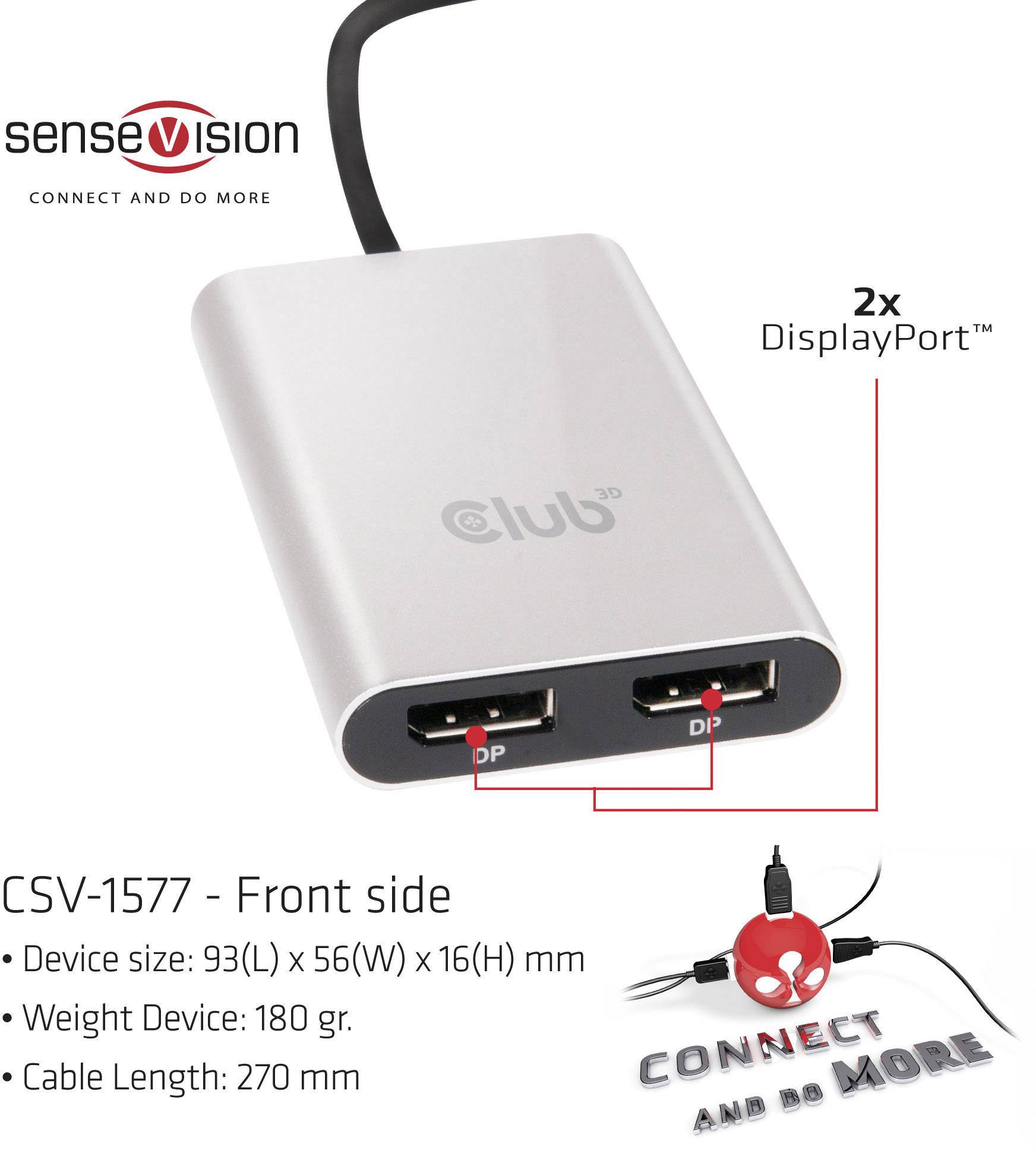 Een zilveren adapter met twee DisplayPort-poorten. Gemarkeerd als 'CSV-1577 - Voorzijde'. Afmetingen: 93x56x16 mm, gewicht: 180 g.