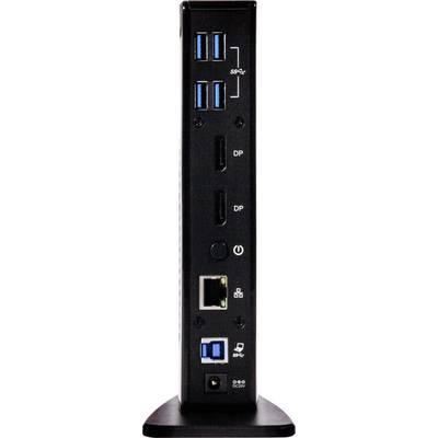 Een verticaal computer-dockingstation-module met meerdere USB-poorten, DisplayPort-poorten, Ethernet-aansluiting en netschakelaar.