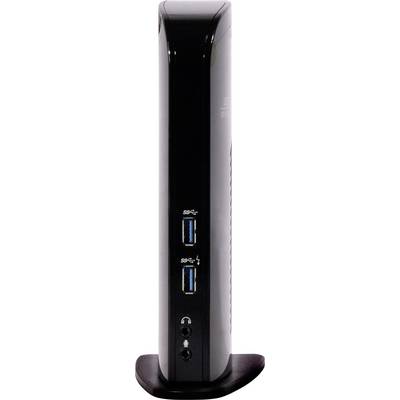 Een zwarte mini-pc staat verticaal op een standaard. Twee USB-poorten en audio-aansluitingen zijn aan de voorkant zichtbaar.