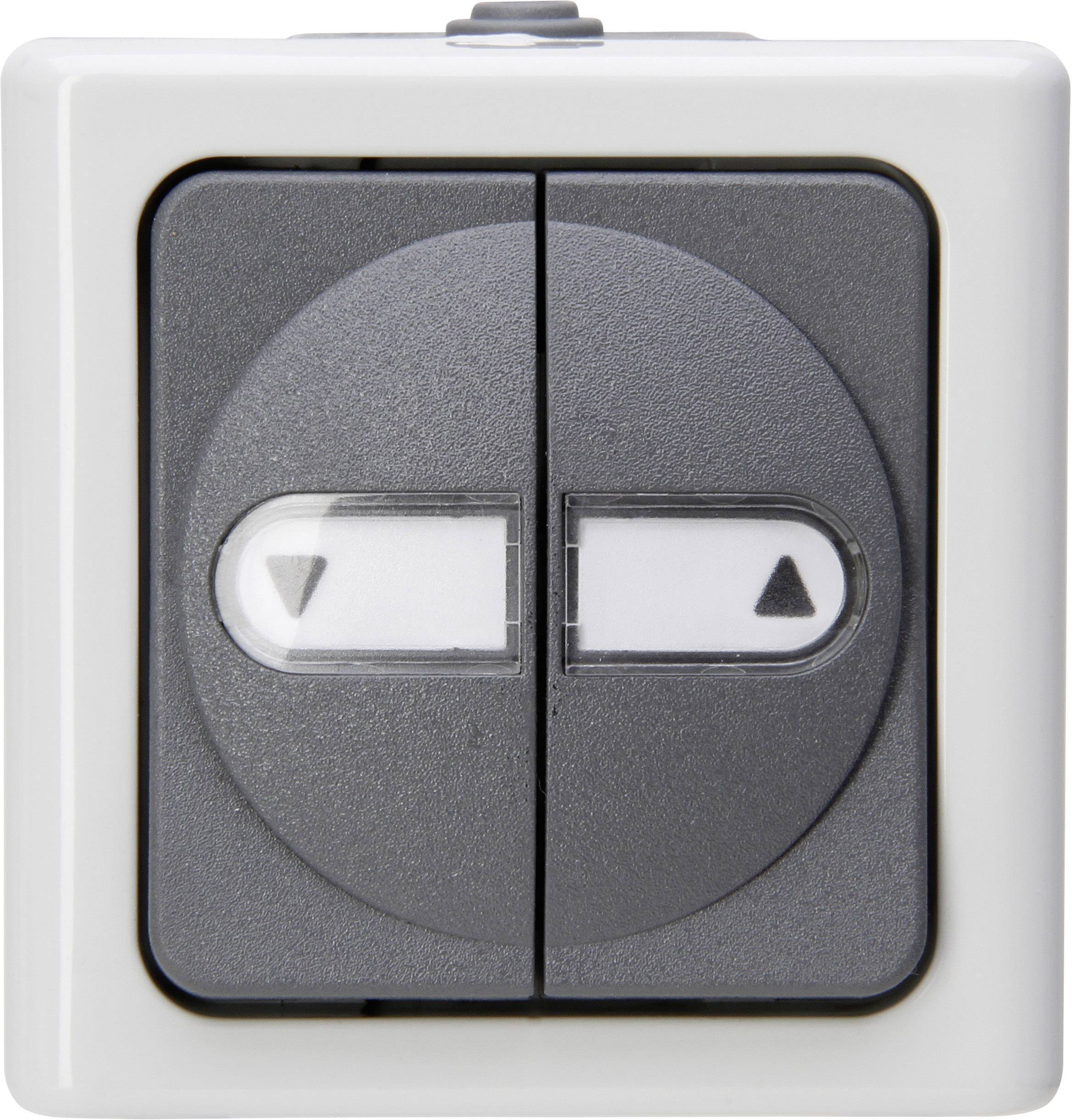 Grijze wandschakelaar met twee knoppen; pijlen wijzen omhoog en omlaag.