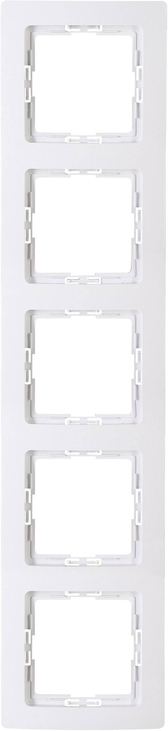 Een witte, verticale 5-voudige frame voor schakelaarinbouw, leeg en zonder zichtbare inbouwonderdelen of decoratie.
