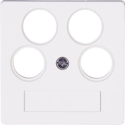 Een witte frontplaat met vier ronde uitsparingen en een schroef in het midden. Onder de cirkels bevindt zich een rechthoekige uitsparing.