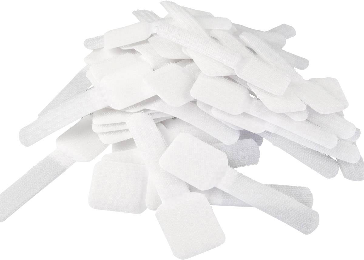 Een stapel witte, vierkante klittenband-strips. Deze worden vaak gebruikt voor het organiseren van kabels of voor bevestiging.