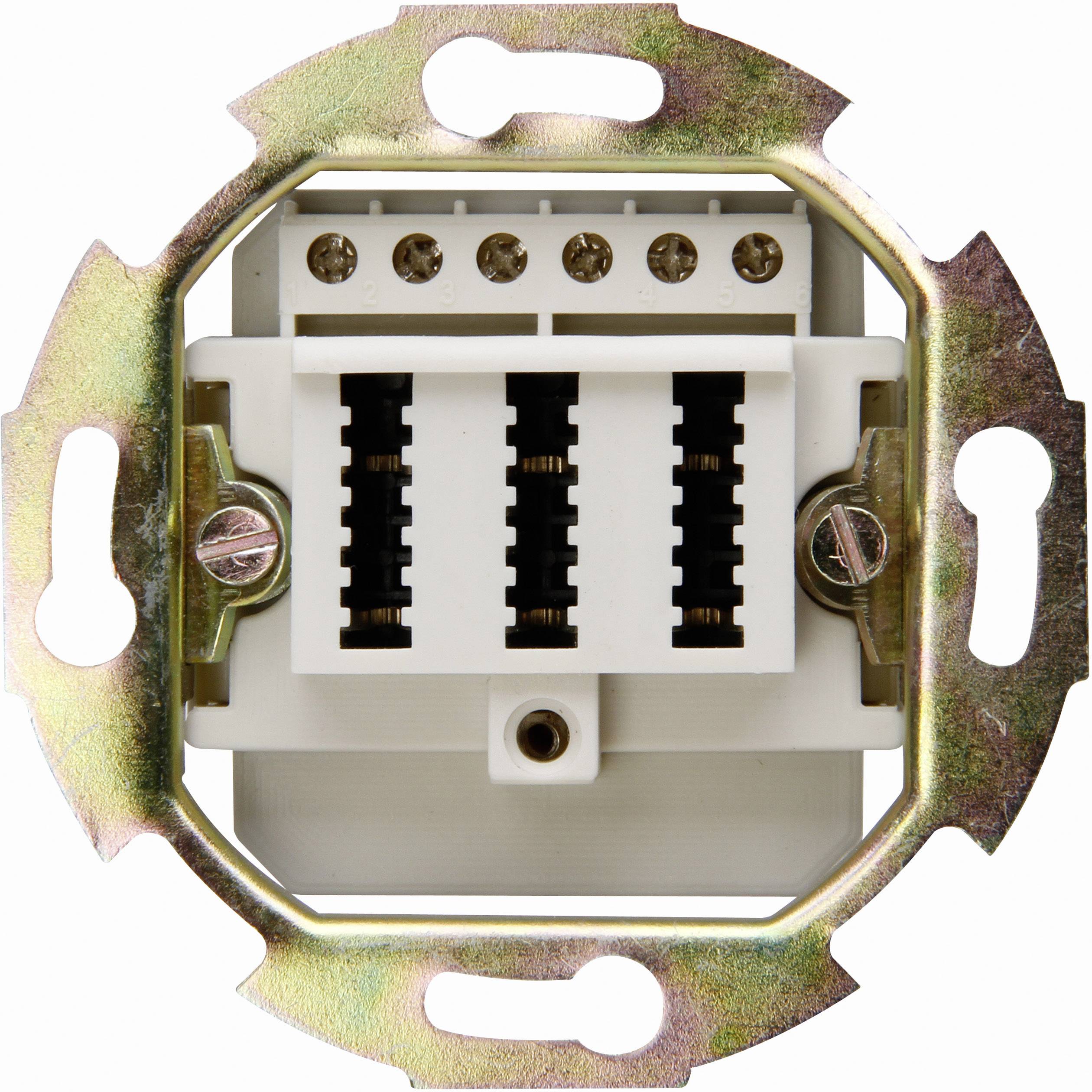 Een stopcontact met metalen frame, herkenbaar aan meerdere schroefaansluitingen voor elektrische kabelverbindingen.