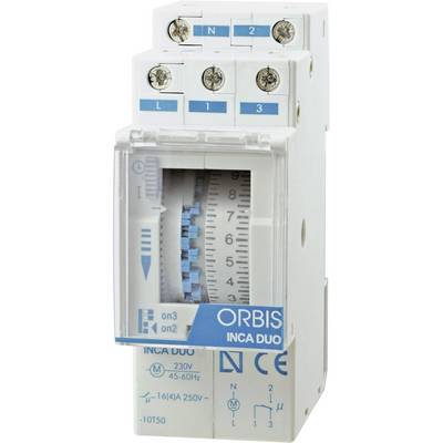 Een witte elektrische tijdschakelklok met een blauw display en schroefklemmen, gemarkeerd als 'ORBIS INCA DUO', met technische specificaties onderaan.
