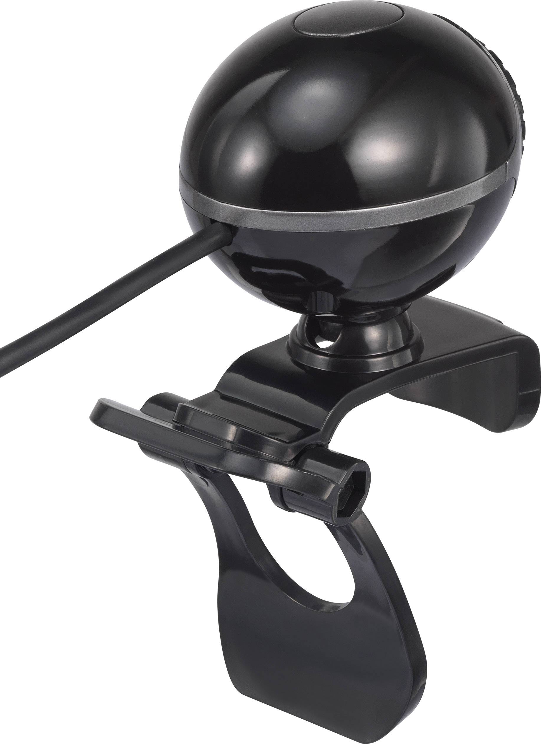 Zwarte, bolvormige webcam met klembevestiging, kabel uitstekend, geschikt voor montage aan monitors voor videogesprekken.