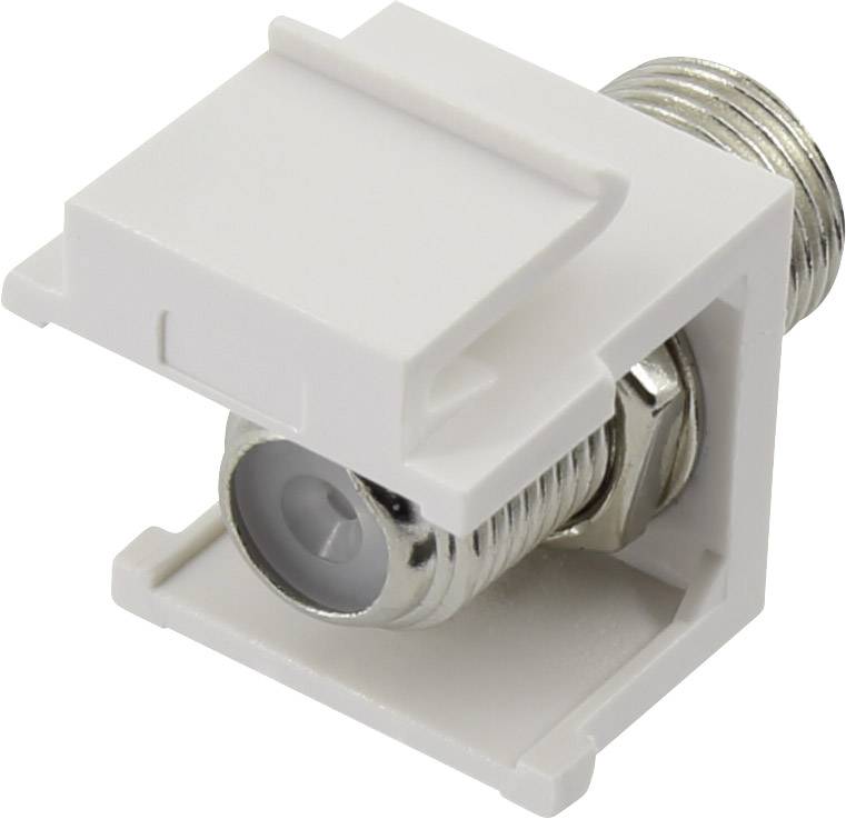 Een witte Keystone-module-adapter met een coaxiale stekker, geschikt voor netwerkaansluitingen.