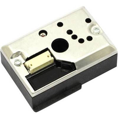 Klein elektronisch onderdeel met een metalen deksel, meerdere gaten en een witte kunststof aansluiting.