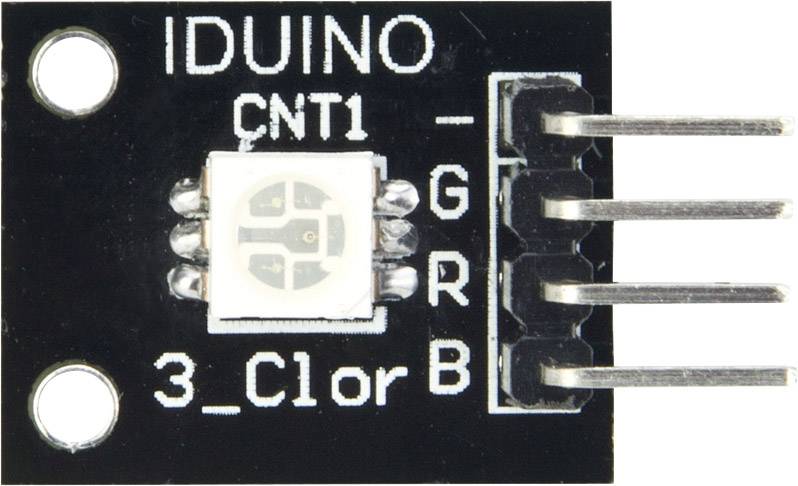 Sensormodule met een klein LED-array in het midden. Opschriften: 'IDUINO', 'CNT1', 'G', 'R', 'B', '3_Clor'. Drie pinnen aan de rechterkant.
