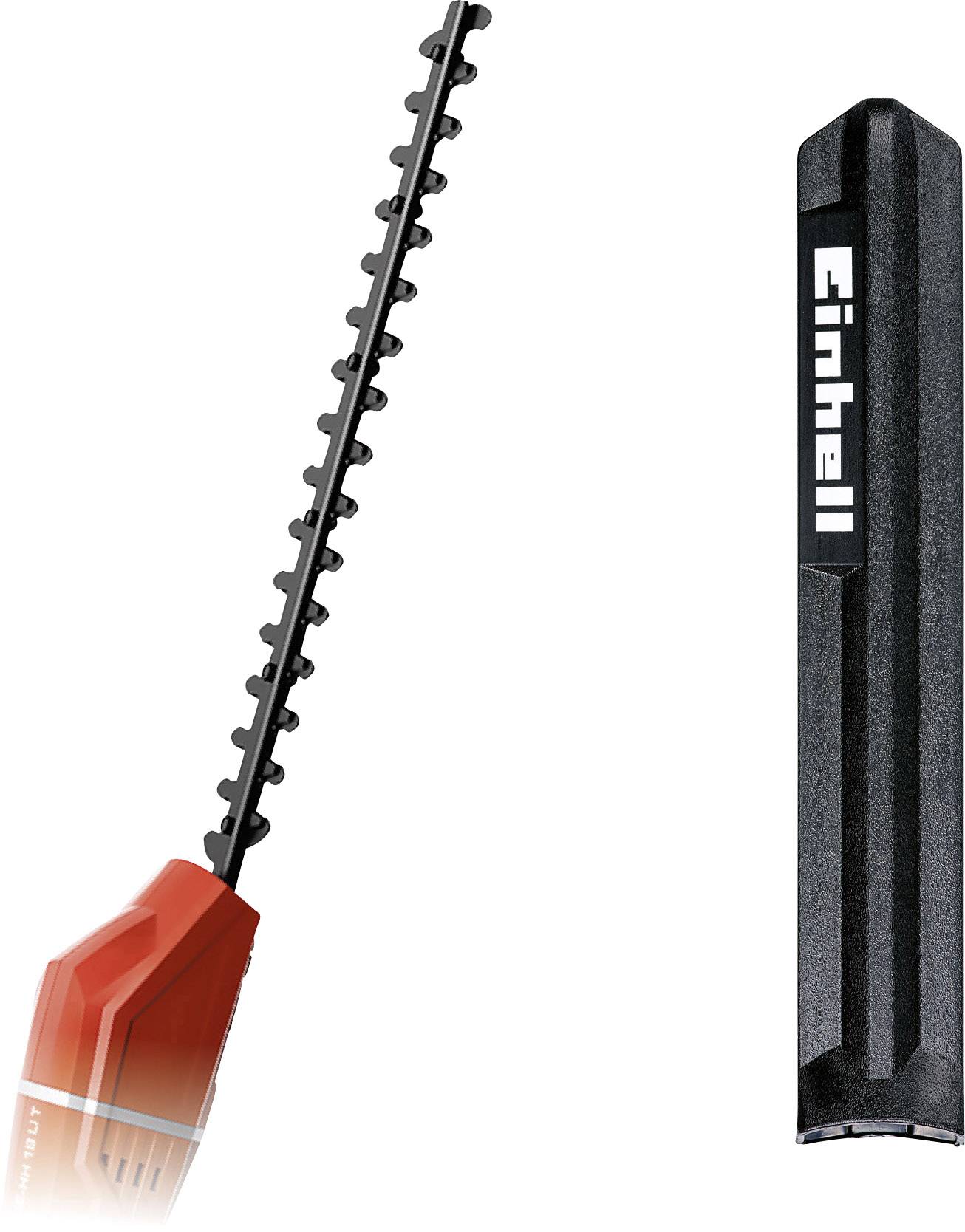 Accuheggenschaar met rode handgreep en zwart snijblad naast een zwarte beschermhoes met 'Einhell'-logo.