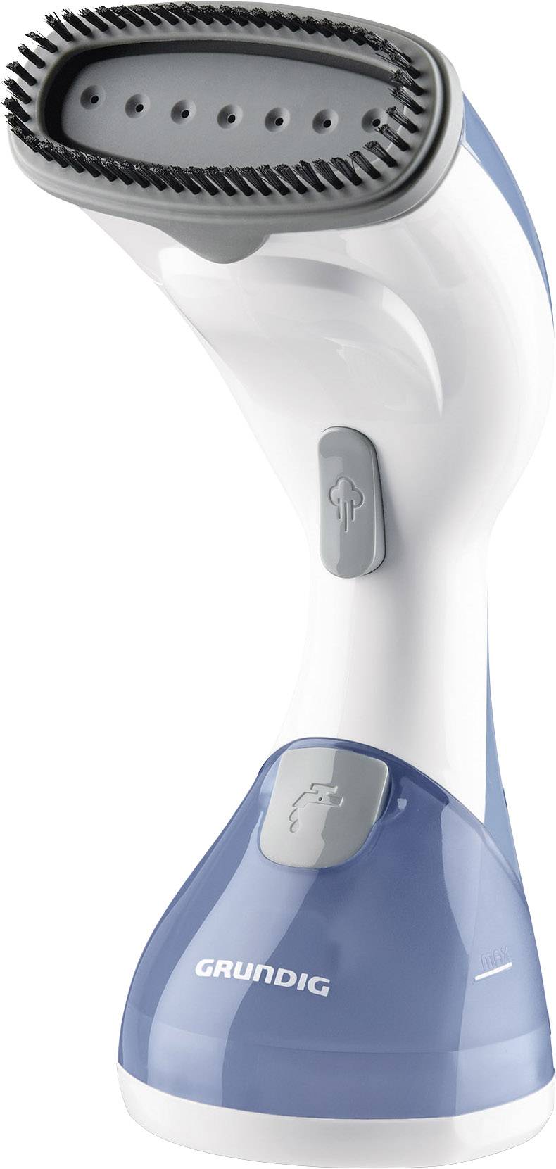 Een draagbare, wit-blauwe stoomstrijkbout van Grundig met een grijze handgreep en stoomopeningen, geschikt voor het strijken van kleding.