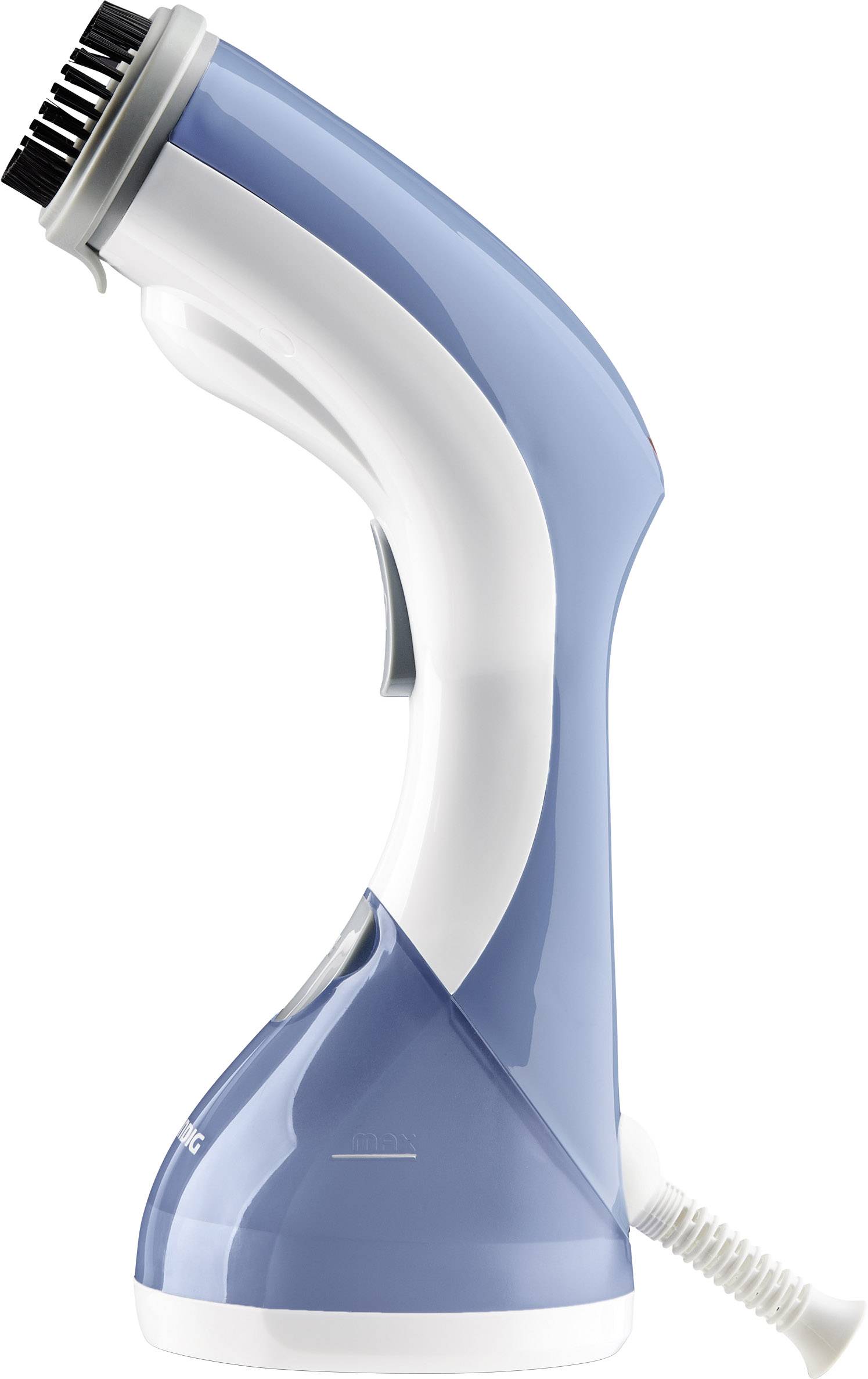 Een blauwe stoomstrijkbout met een witte handgreep, ideaal voor het strijken van kleding.