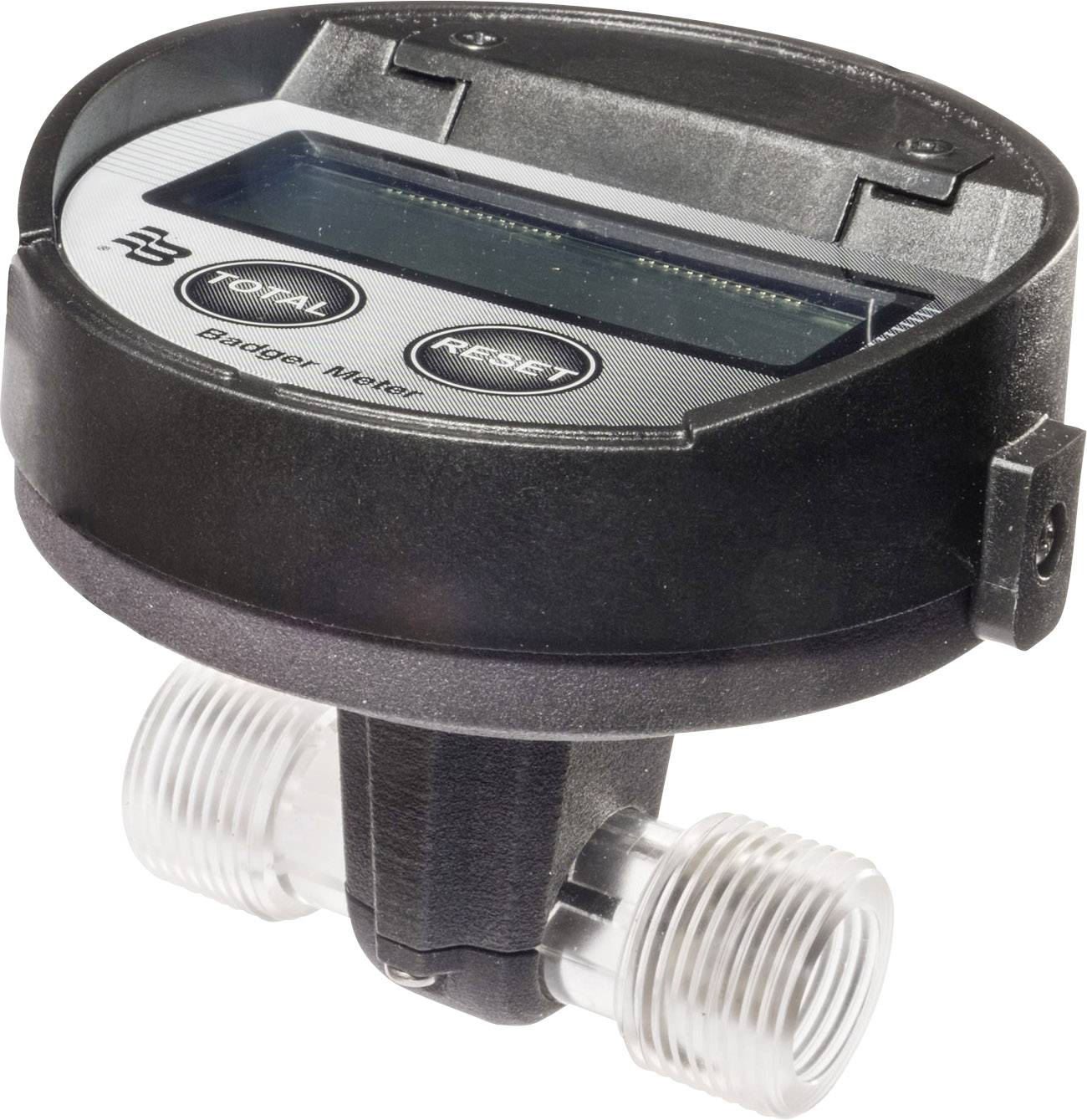Een digitale watermeter toont het waterverbruik in gallons. De meter heeft twee bedieningsknoppen: 'gallons per minuut' en 'reset'.