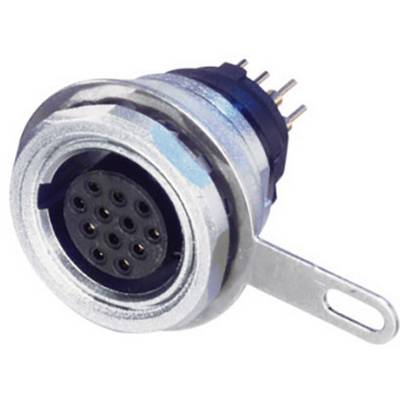 Een ronde elektrische stekker met meerdere metalen pinnen en een bevestigingsoor, gebruikt voor het aansluiten van elektronische apparaten.