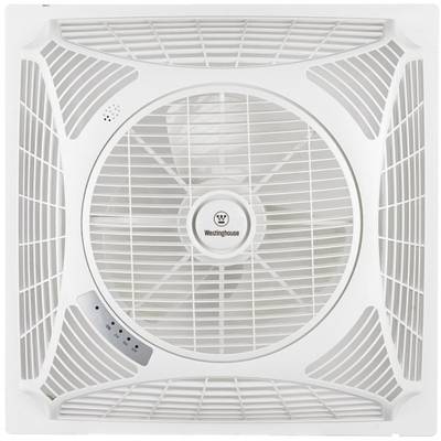 Een witte plafondventilator met een vierkante lijst en een centrale motor, ideaal voor de ventilatie van binnenruimtes.