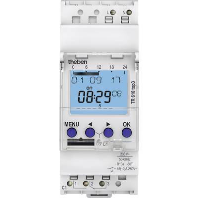 Digitale tijdschakelklok met LCD-display, toont '08:29'. Drie toetsen: 'MENU', pijl en 'OK'. 230V, 50-60Hz, programmeerbaar voor dagelijkse tijden.