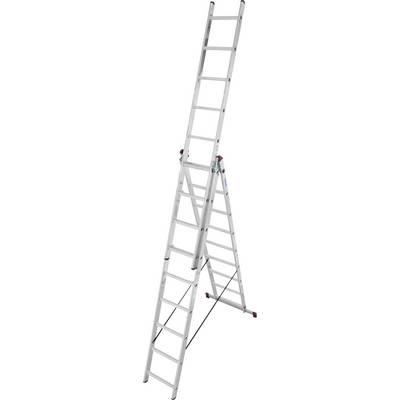Een uittrekbare aluminium ladder, in A-vorm geplaatst, geschikt voor werkzaamheden op verschillende hoogtes. Hij beschikt over antisliplatreden.