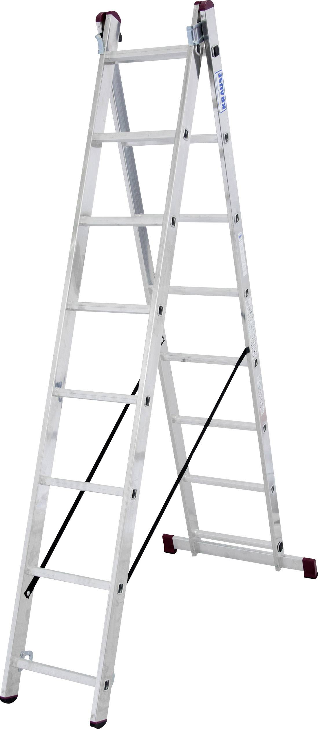 Een aluminium ladder staat opengeklapt rechtop. Hij beschikt over antisliplatten en verstevigingsbalken voor stabiliteit, geschikt voor werkzaamheden op hoogte.