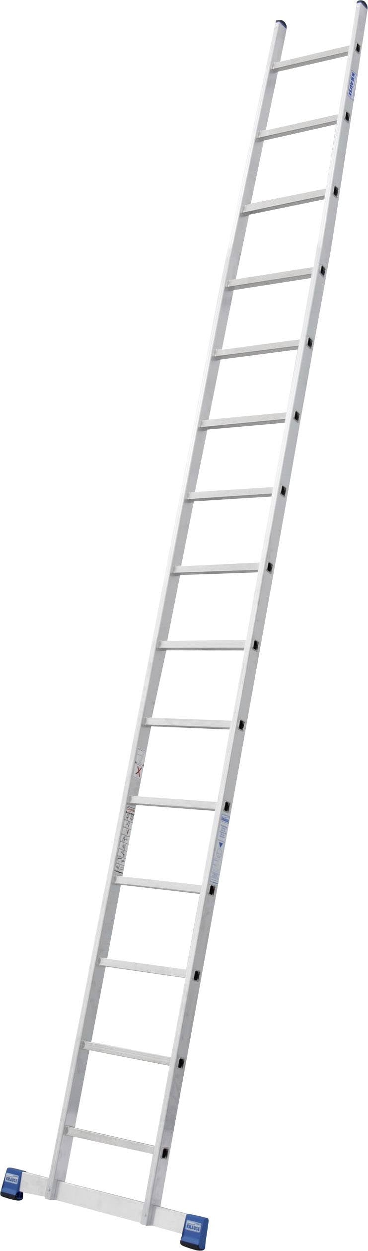 Een lange aluminium ladder met 13 sporten, schuin leunend naar rechtsboven, geschikt voor binnen- of buitengebruik.