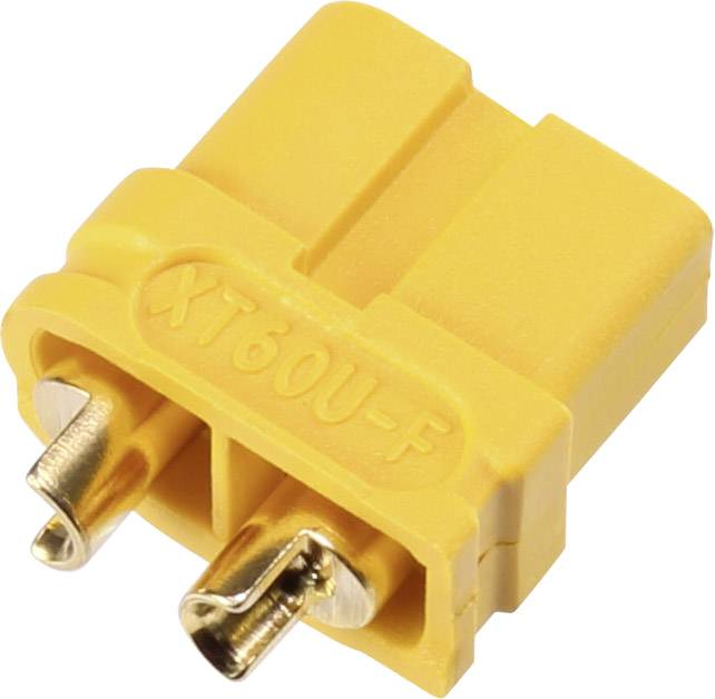 Gele XT60U-F-connector met twee metalen contacten, gebruikt voor hoogstroomtoepassingen in de elektronica.