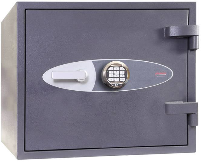 Grijze kluis met elektronisch codeslot en hefboomgreep, geschikt voor het veilig bewaren van waardevolle spullen.