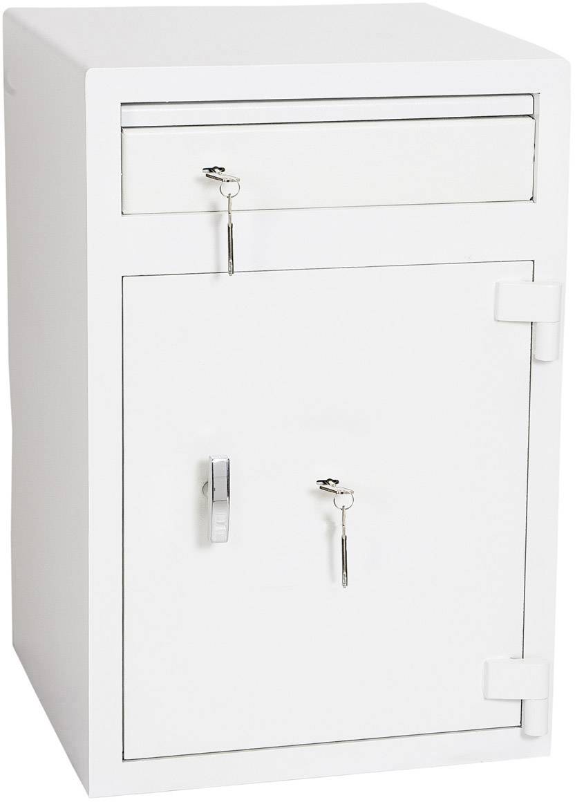 Witte veiligheidsbox met twee afsluitbare compartimenten en sleutels. De bovenste sleuf maakt stortingen mogelijk zonder de box te openen.