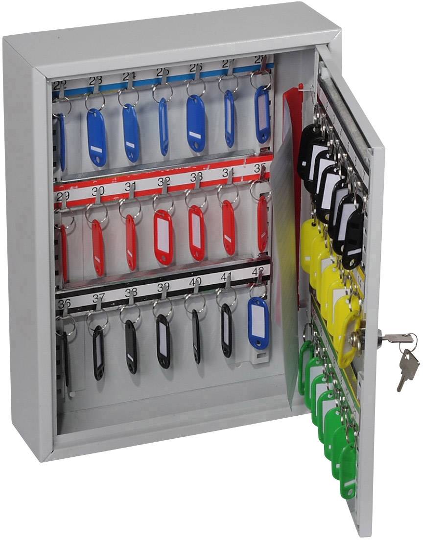 Metalen kast met open deur, toont meerdere rijen haken met gekleurde sleutelhangers, genummerd voor eenvoudige organisatie.