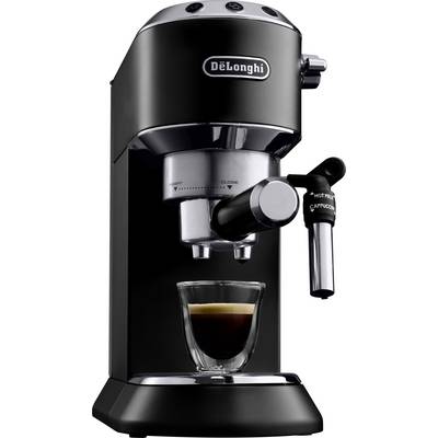 Een zwarte De'Longhi espressomachine met een kopje espresso eronder.