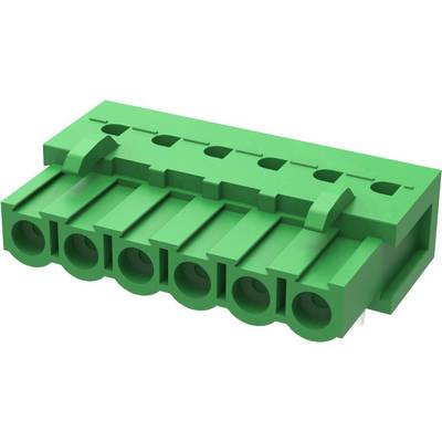 Groene elektrische connector met zes aansluitingen, geschikt voor veilige verbinding van kabels in elektronische schakelingen.