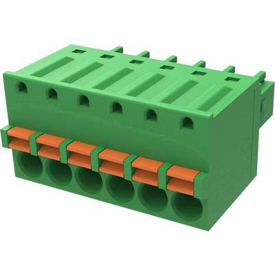 Een groene elektrische connector met zes aansluitingen en oranje clips die de kabels vasthouden.