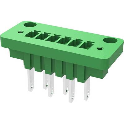 Groene elektrische stekker met zes aansluitingen en metalen pinnen, zijaanzicht.