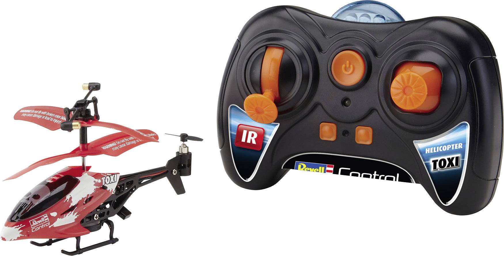 Een rode afstandsbediende helikopter met een zwart-rode afstandsbediening.
