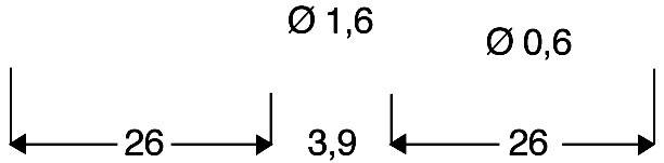 Schets toont twee horizontale afstanden van elk '26' met een tussenruimte van '3,9'. Diameter boven 'Ø 1,6' en 'Ø 0,6'.