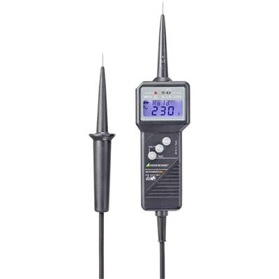 Digitale spanningmeter toont '230V' op display. Twee meetpennen links en rechts, LCD-achtergrondverlichting actief.