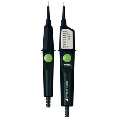 Spanningstesters met indicatielampen voor verschillende spanningsniveaus, zwarte behuizing met groene knop, merk 'DUSPOL'.
